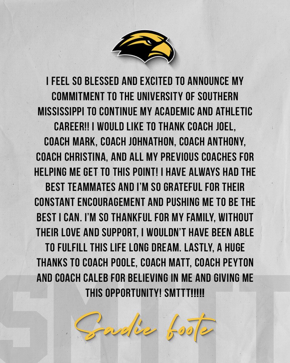 COMMITTED!!!💛🖤 SMTTT!
<a href="/NataliePooleUSM/">Natalie Poole</a> <a href="/ElzeyMatt/">The Coach</a> <a href="/PeytonElzey11/">Peyton Elzey</a> <a href="/ctosh01/">Caleb Toshcoff</a> <a href="/SouthernMissSB/">Southern Miss Softball</a> <a href="/SoCalKennedy26/">So Cal Athletics Kennedy 26 Premier</a> <a href="/BSherSB/">Barb Sherwood</a>
