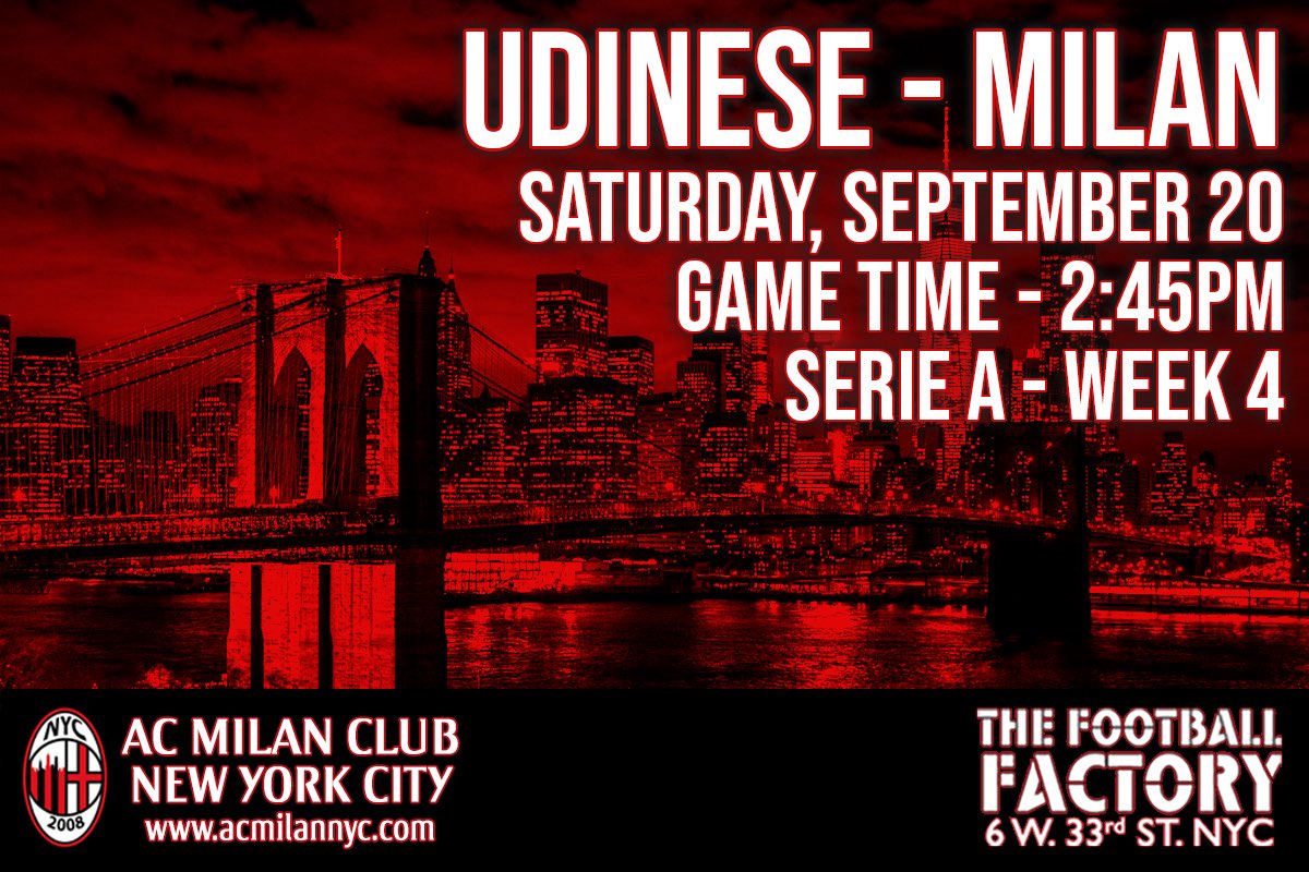 AC Milan Club New York City (@acmilannyc) on Twitter photo A trip to Udine is never easy but Milan will look for another 3 points against their pesky opponents. Come join us this weekend! There’s nothing better than a Saturday afternoon at <a href="/FFactoryNY/">Football Factory</a> - the home of #ACMilan in #NYC! 🔴⚫️🗽 #ForzaMilan #SempreMilan #milanisti #rossoneri A trip to Udine is never easy but Milan will look for another 3 points against their pesky opponents. Come join us this weekend! There’s nothing better than a Saturday afternoon at <a href="/FFactoryNY/">Football Factory</a> - the home of #ACMilan in #NYC! 🔴⚫️🗽 #ForzaMilan #SempreMilan #milanisti #rossoneri