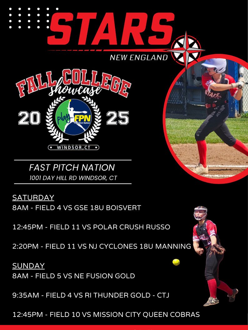 Was away at a camp last weekend so I am so excited to finally kick off my fall season with <a href="/StarsNEFP/">Stars New England</a> !!
Here is my schedule for the rest of the fall and my schedule for this weekend in Fast Pitch Nation at the Fall College Showcase!!

<a href="/BentleyFalcons/">Bentley Athletics</a> <a href="/babsonsoftball/">Babson Softball</a>