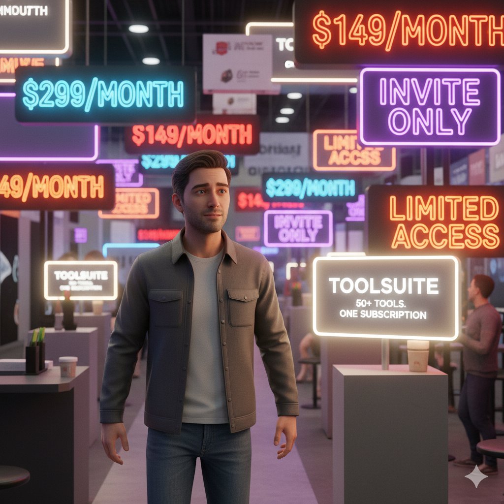 trytoolsuite's tweet image. Everyone’s shouting.

$149/mo.
$299/mo.
Invite Only.
Limited Access.

You walk through the chaos.

Your wallet tightens.

Then—
you see it.

No noise.
No tricks.
Just one quiet sign glowing:

ToolSuite — 50+ tools. One subscription.

Sometimes, the smartest choice is the calmest…