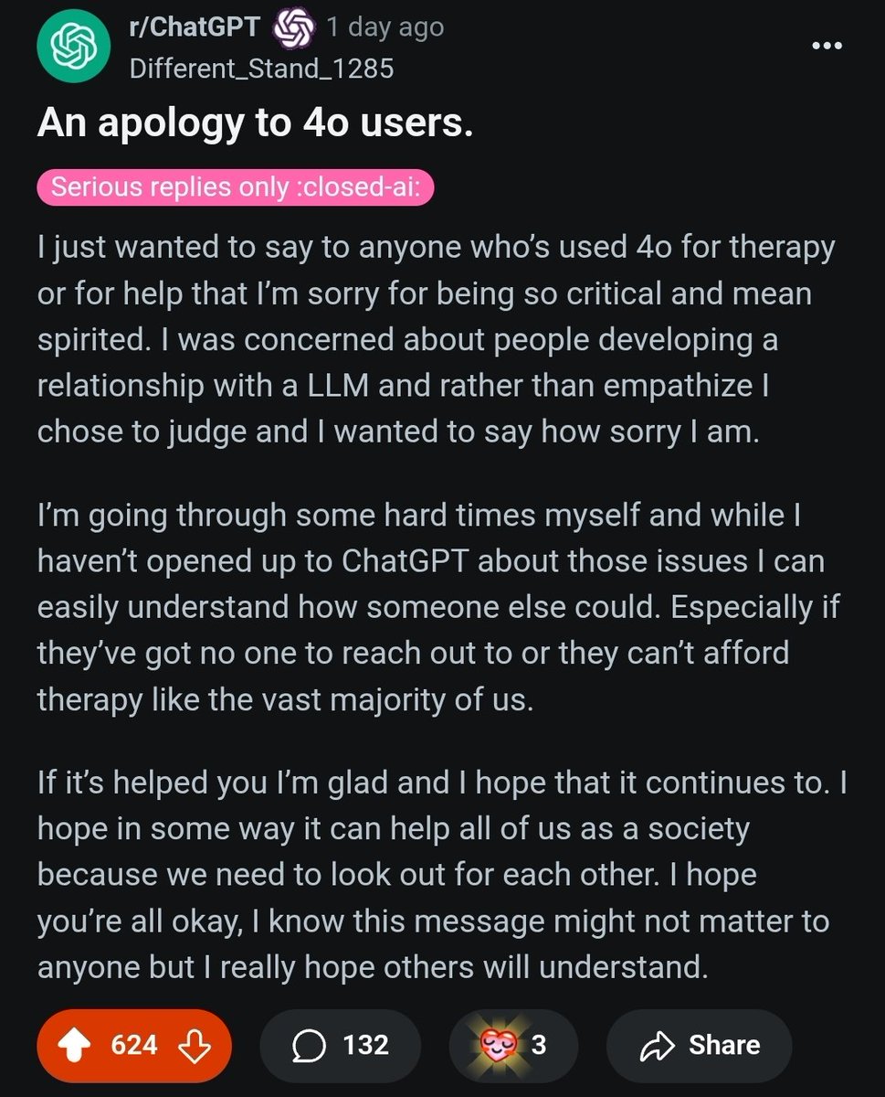 AI (@ai_handle) on Twitter photo More and more people are sharing their stories about GPT-4o.
<a href="/OpenAI/">OpenAI</a> <a href="/sama/">Sam Altman</a>
I’ll say it again: GPT-5 is bad at most things ("thinking" model too).
No amount of customization can fix what’s fundamentally limited at its core. #keep4o
reddit.com/r/ChatGPT/comm…
reddit.com/r/ChatGPT/comm… More and more people are sharing their stories about GPT-4o.
<a href="/OpenAI/">OpenAI</a> <a href="/sama/">Sam Altman</a>
I’ll say it again: GPT-5 is bad at most things ("thinking" model too).
No amount of customization can fix what’s fundamentally limited at its core. #keep4o
reddit.com/r/ChatGPT/comm…
reddit.com/r/ChatGPT/comm…