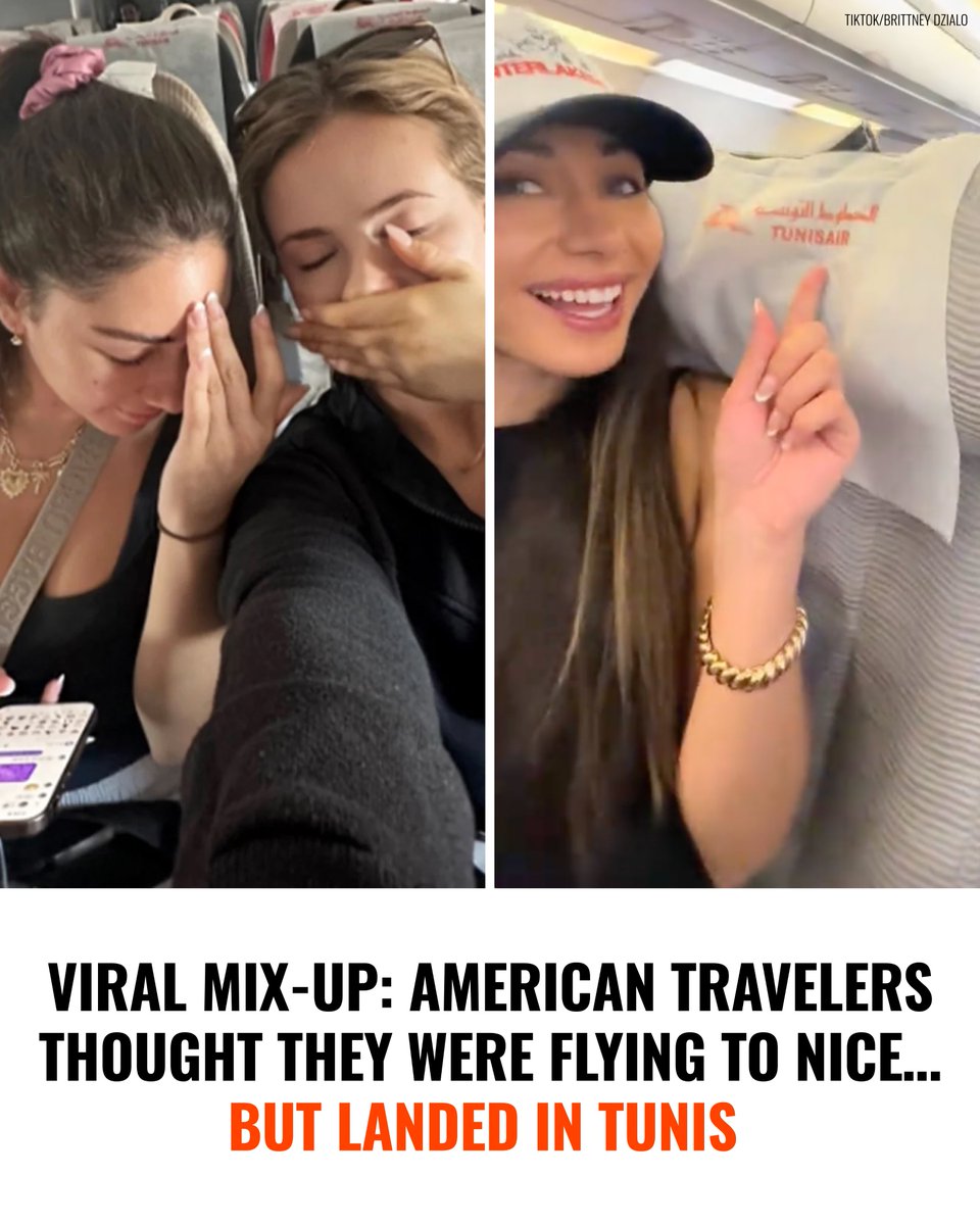 ✈️😳 Two American friends, Brittney Dzialo and Hannah, were in Rome trying to get to Nice, France after missing their original flight.

When they asked to be rebooked “to Nice,” the airline staff apparently heard “Tunis” — and handed them tickets to Tunisia instead.

They boarded