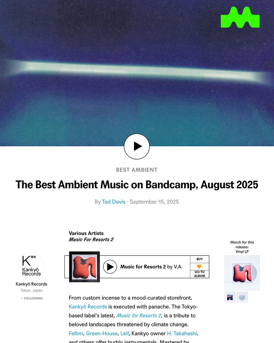 Bandcampの記事『The Best Ambient Music on Bandcamp, August 2025』にMusic for Resorts2が掲載されました🙏

daily.bandcamp.com/best-ambient/t…