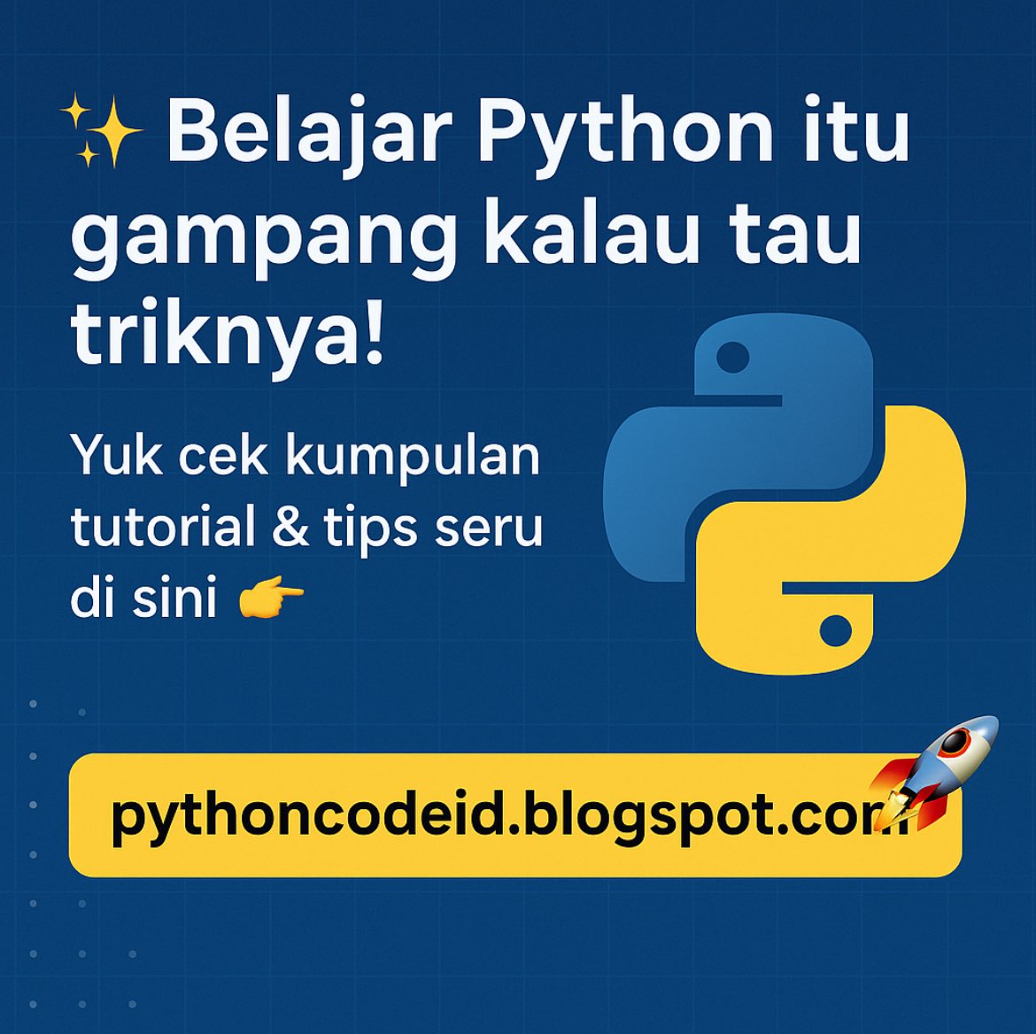 PythonCodeId's tweet image. Belajar Python itu gampang kalau tau triknya!
Yuk cek kumpulan tutorial & tips seru 
di sini 👉 pythoncodeid.blogspot.com
#python #pythonprogramming #PyCoding
