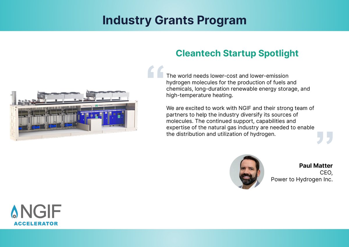 NGIFCapital's tweet image. 📢 #NGIFAccelerator funds Power to Hydrogen (P2H2) through Industry Grants program. The investment will support the validation and demonstration of P2H2’s patented Anion Exchange Membrane (AEM) electrolyzer technology, an effective system designed to produce low-emissions…