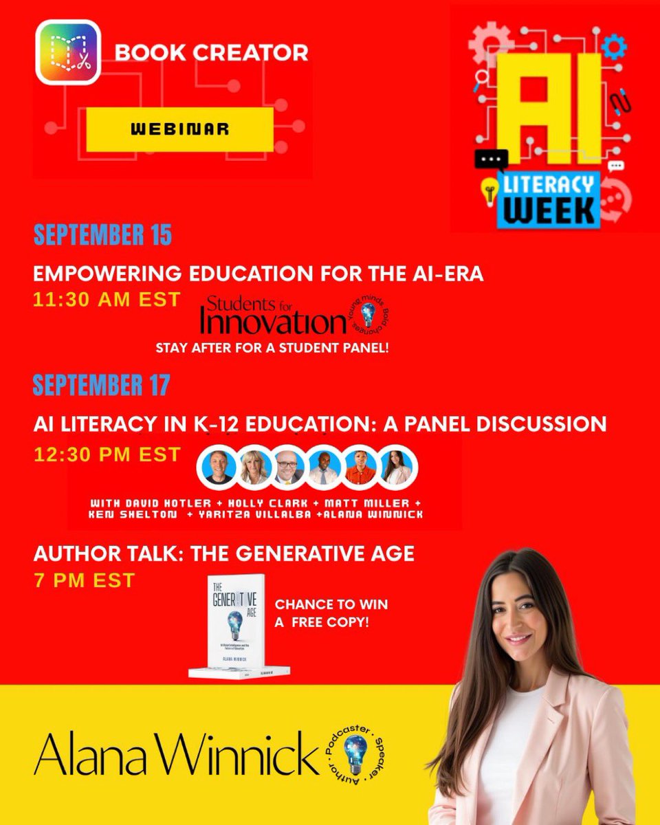 AlanaWinnick's tweet image. Don't miss tomorrow's @BookCreatorApp’s AI Literacy Week panel discussion with @HollyClarkEdu @DitchThatTxtbk @k_shelton @YaritzaV_ @dhotler Register here 👉 hubs.ly/Q03BWw4B0
