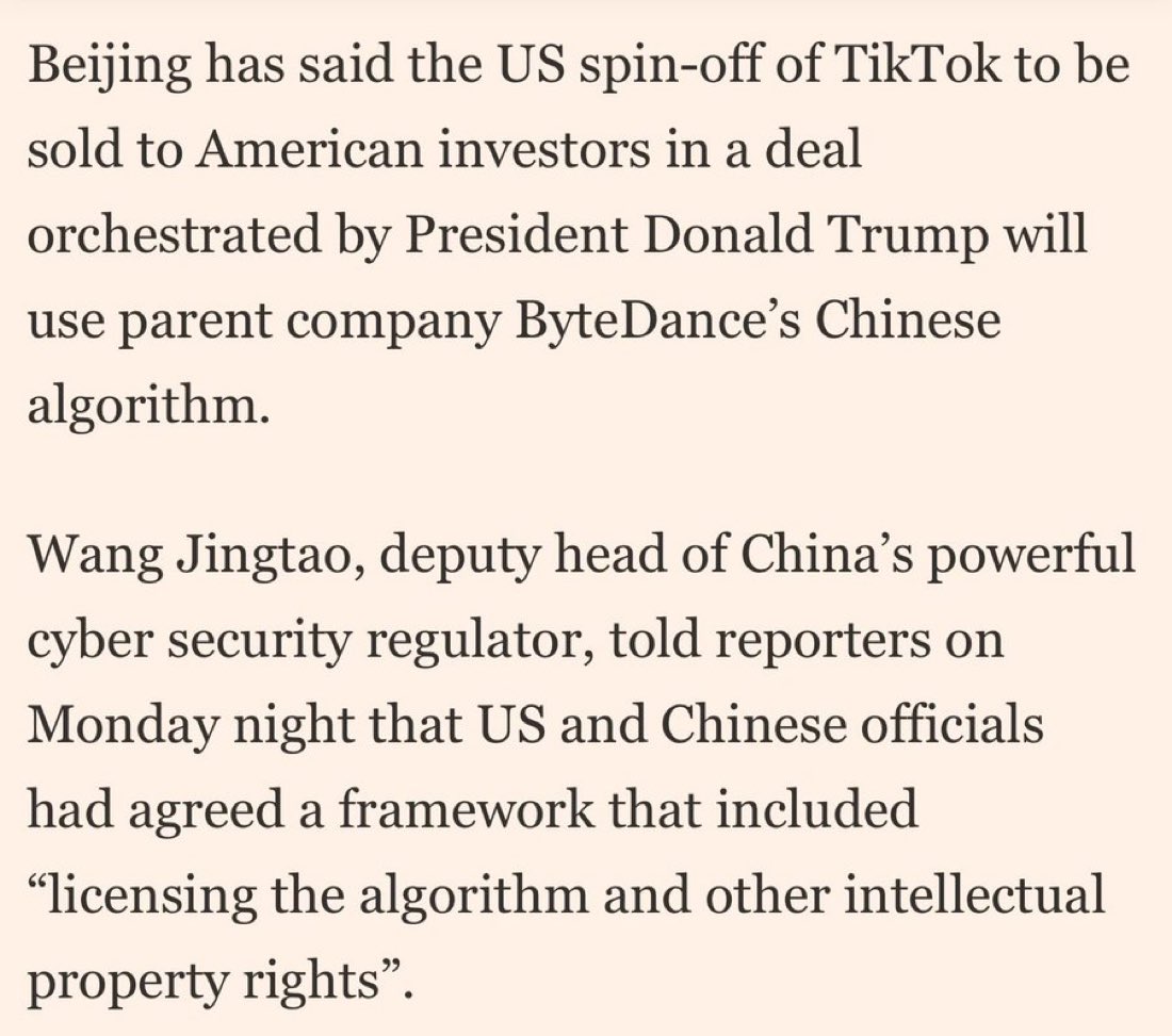 🚨 TRUMP SELLING OUT NATIONAL SECURITY FOR MONEY… AGAIN. 

In TT deal: Chinese Communist Party gets to keep programming TikTok app without any oversight from US Govt.

Trump’s Billionaire Accelerationist friends get to keep majority of the revenue and profits.