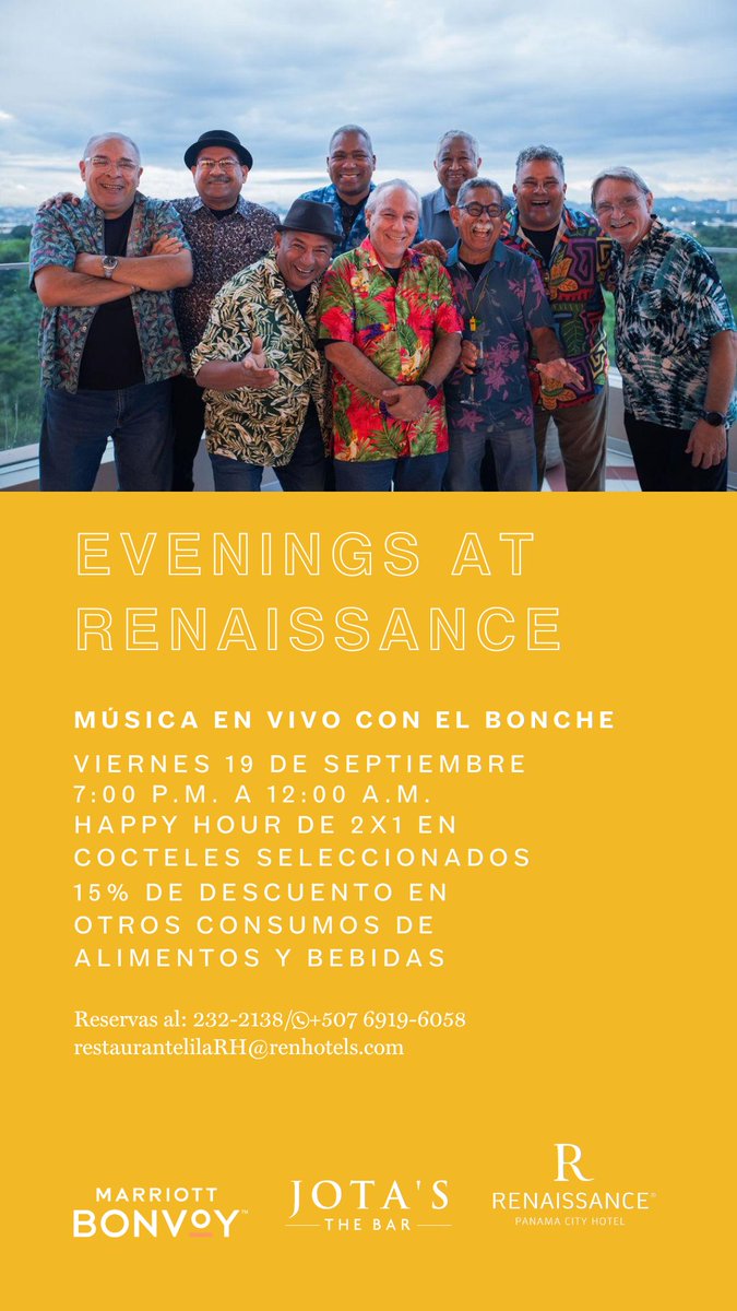 RenPanamaHotel's tweet photo. 🎺✨ Evening at Renaissance se enciende con la energía de El Bonche.
Una noche de cócteles, ritmo y que no te querrás perder.

#JotasTheBar #Renhotels #RenaissancePanama https://t.co/0qnCMtOexF