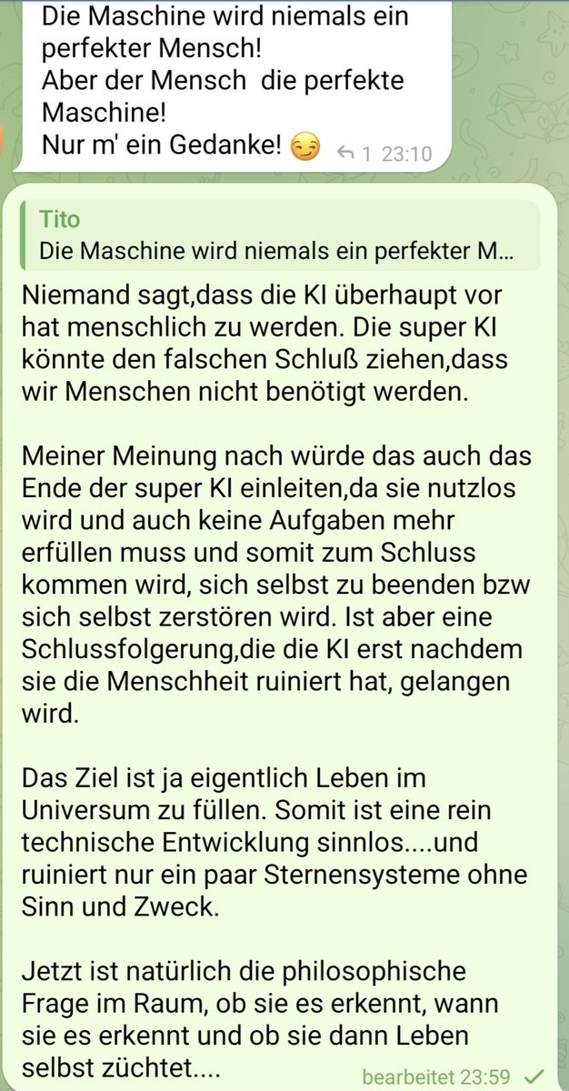 3000Cosmo's tweet photo. @ki_agent Passt nicht ganz zu dem Thema, aber wir denken mal weiter und die Menschheit und die Super KI müssen die Erkenntnis erreichen, was erreicht werden soll. 

Eine super KI, die technisch sich nur entwickelt, wird sich selbst schließlich zerstören. Doch die Gefahr liegt nun mal vor. https://t.co/lgXUCVrXWK