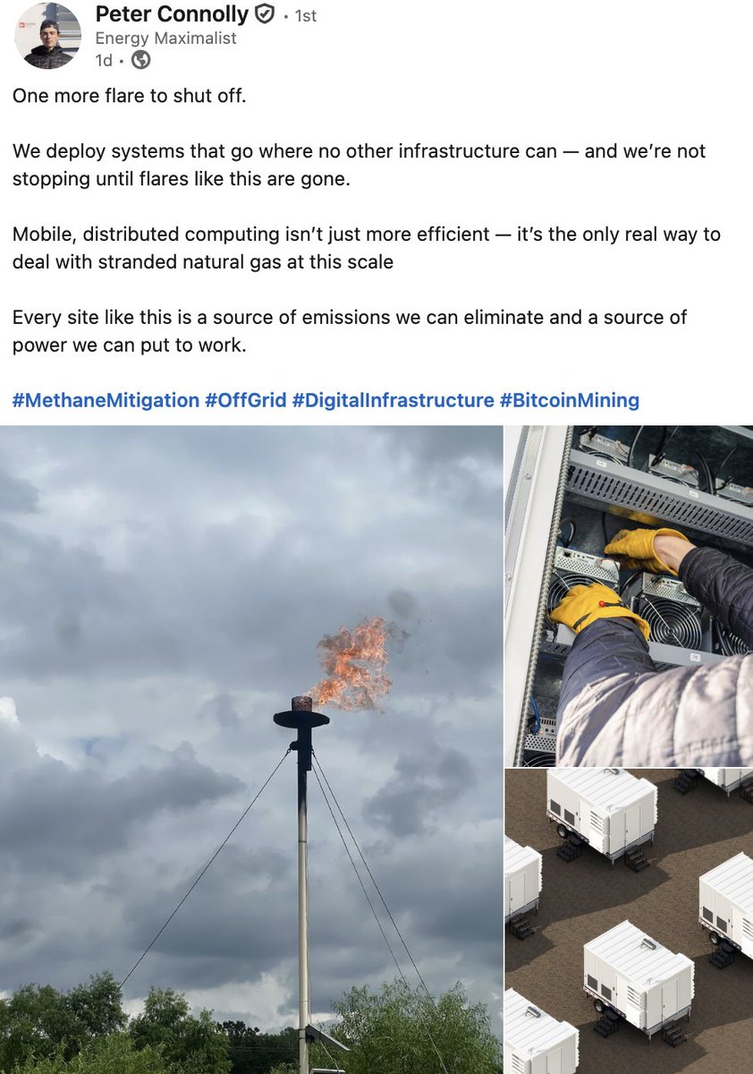 DSBatten's tweet image. NGOs have talked about ending flaring for decades
Bitcoin mining is doing it!
Profitably, at scale, without hype, without subsidies