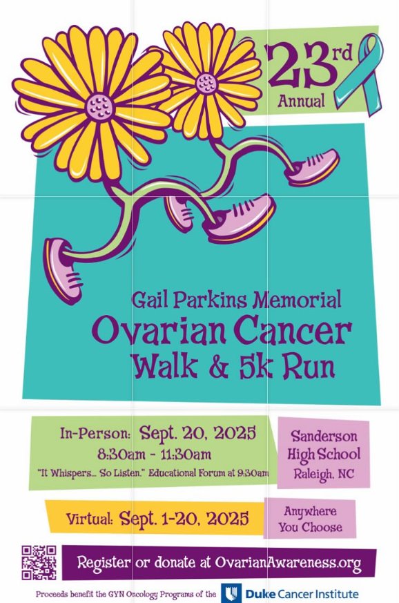 ABC11Together's tweet image. Join the fight and help save lives...Support the Gail Parkins Memorial Ovarian Cancer Walk &amp;amp; 5K Run THIS SATURDAY in Raleigh. 🌼Register here:  ovarianawareness.org🌼 #ovariancancer