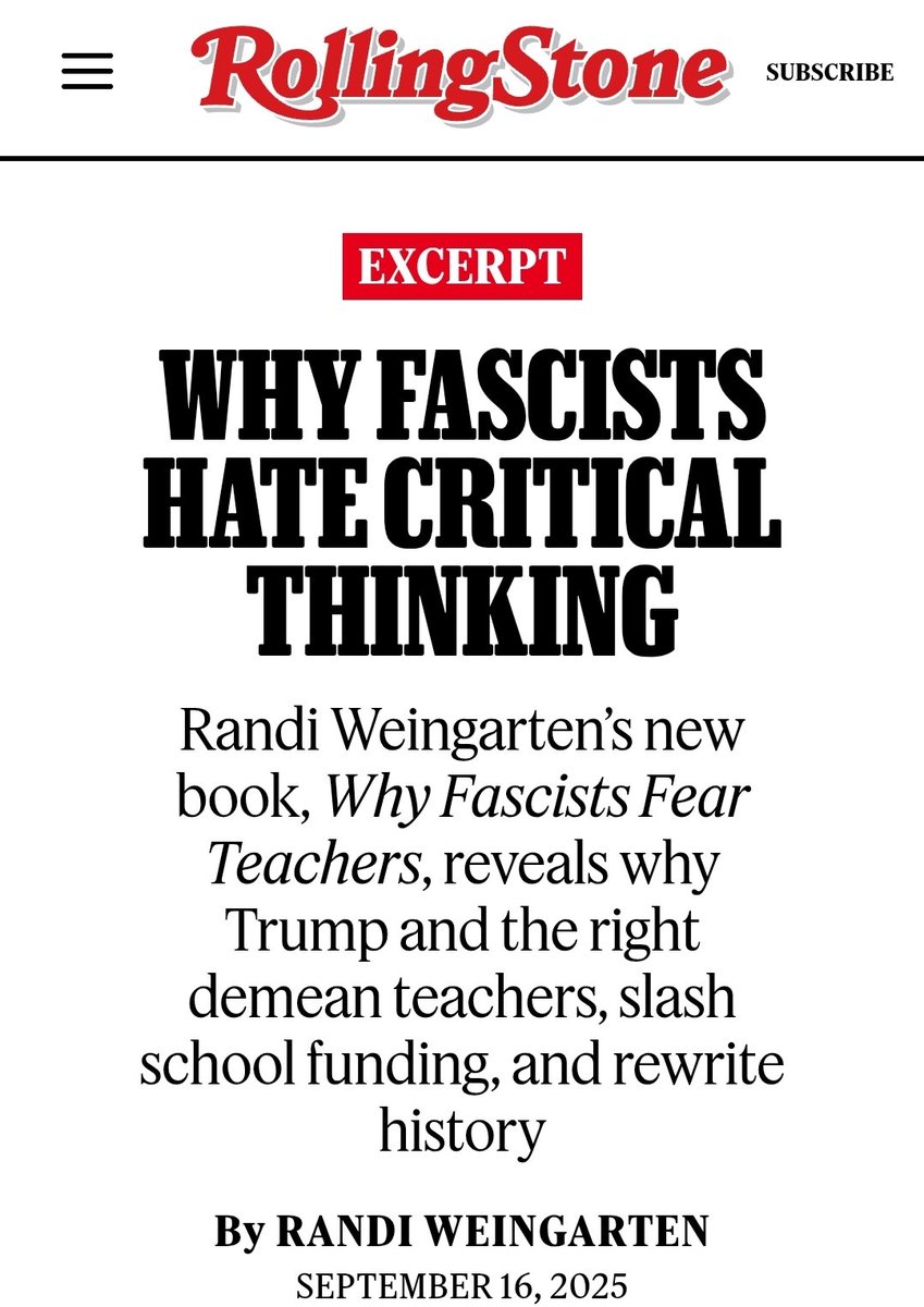 Randi Weingarten just wrote this piece for Rolling Stone calling conservatives "Fascists."

She's moving full speed ahead with this sick rhetoric right after Charlie Kirk’s assassination.

She needs to resign in disgrace.