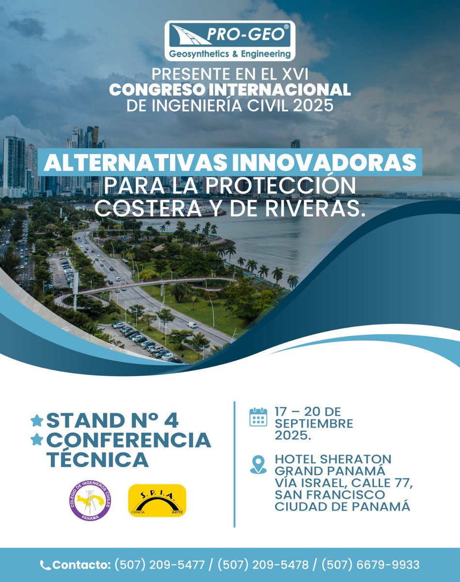 Presentes en el XVI Congreso Internacional de <a href="/colegiociviles/">Colegio de Ingenieros Civiles de Panamá de la SPIA</a> 2025
Compartiremos alternativas innovadoras para la protección costera y de riberas, reafirmando nuestro compromiso con soluciones geosintéticas que transforman la infraestructura en Panamá y la región.📍 Stand N° 4