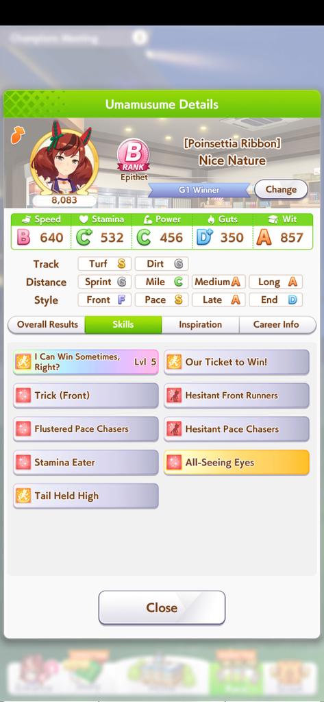 kuraikarp's tweet photo. The Team:

Seiun Sky and Golshi were dual aces at Front and End. Teams with debuffers usually took out Seiun, leaving Golshi to pick up the win at the end. 

Nice Nature was made to fall to the end late-race to stop Sleeping Lion activations. 

See you all next CM! https://t.co/6uZhfrzuLg