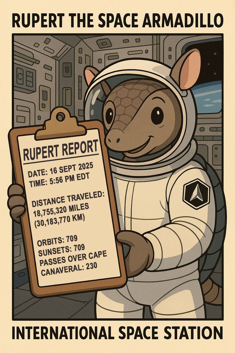 Rupert the Space Armadillo is here to remind you that every mission from Florida's Space Coast starts with a curious mind... and a determined armadillo! Here's the fifth Rupert Report from the International Space Station.
<a href="/ccspacemuseum/">Cape Canaveral Space Force Museum</a>