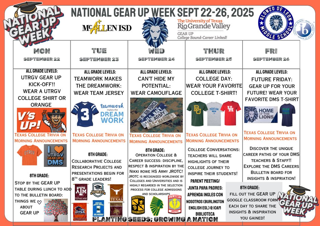 deleon046's tweet image. 🎓✨ National GEAR UP Week is almost here!
Get ready for a full week of college &amp;amp; career-themed fun at DMS—designed to spark curiosity, build confidence, and help every Lion dream big. 
GO LIONS! #GEARUPWeek #CollegeBound #OnePride