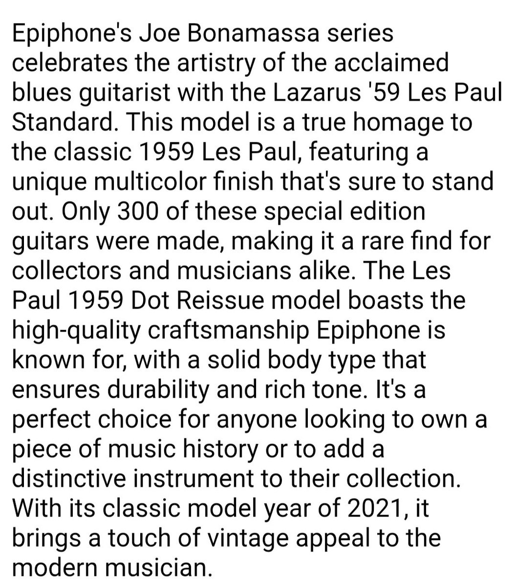 TarpaperShack's tweet photo. IMO, @eBay has the WORST AI feature in the world, in this case describing a woodgrained guitar as multicolor and the year 2021 as vintage. The Dot is completely separate from the Les Paul line of guitars. Archaic, cliche marketing jargon like perfect choice, unique distinctive... https://t.co/0DyOkNogqi