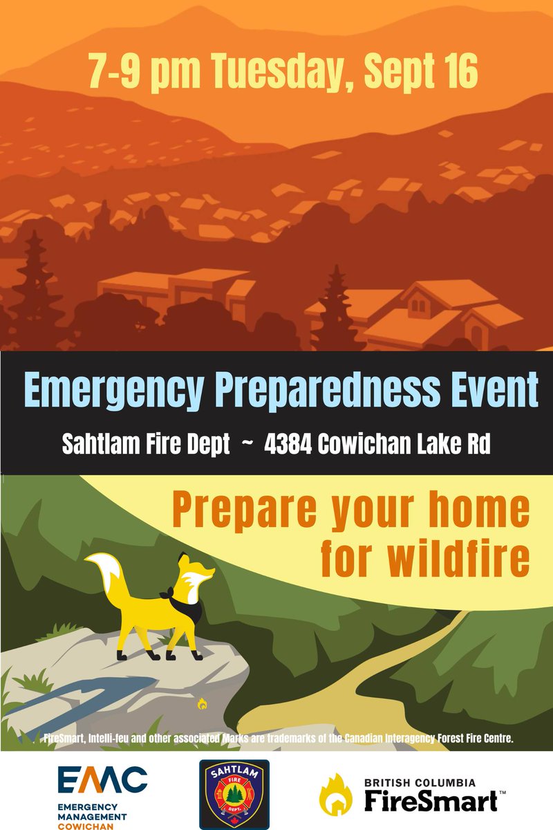 Join us tonight at 7pm at the Sahtlam Fire Hall for a #FireSmart presentation! 🚒

#EMCowichan #Empreparedness #CVRD #SahtlamFireDepartment