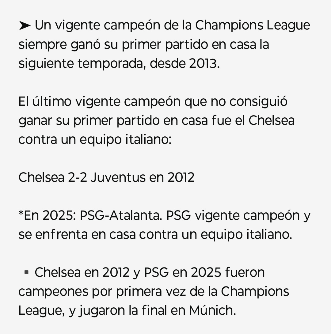 Ragux (@predictorrm) on Twitter photo Predicción • PSG-Atalanta (jornada 1 fase de liga UCL): empate
Dato #PSGATA #PSGAtalanta
➤ Un vigente campeón de la Champions League siempre ganó su primer partido en casa la siguiente temporada, desde 2013.
El último vigente campeón que no consiguió ganar su primer partido Predicción • PSG-Atalanta (jornada 1 fase de liga UCL): empate
Dato #PSGATA #PSGAtalanta
➤ Un vigente campeón de la Champions League siempre ganó su primer partido en casa la siguiente temporada, desde 2013.
El último vigente campeón que no consiguió ganar su primer partido
