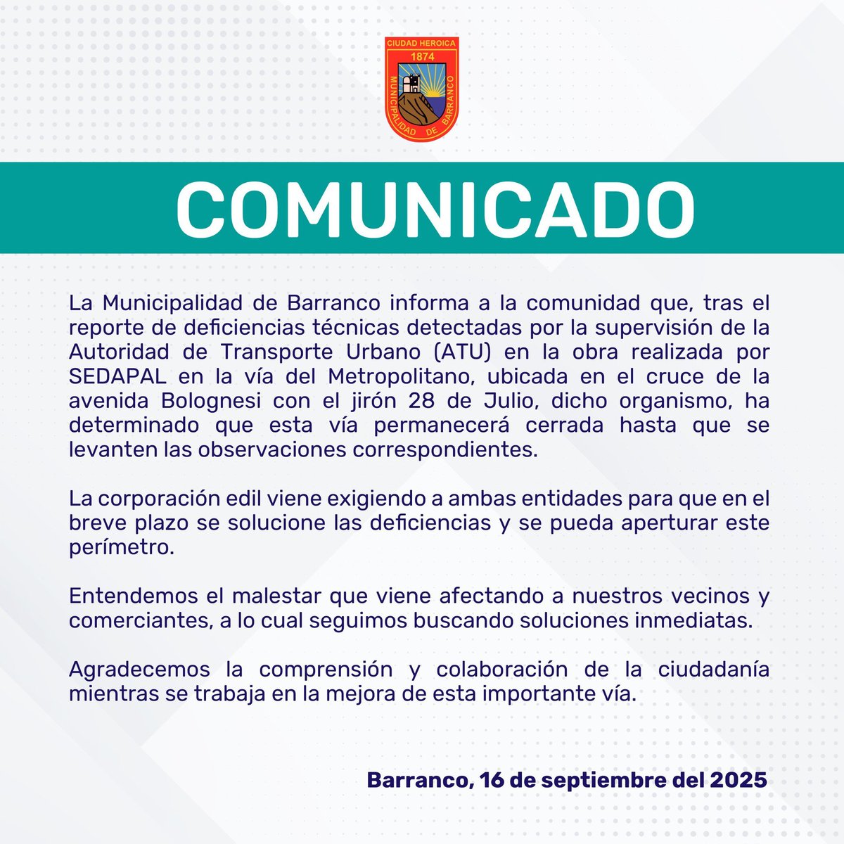 ¿Por que aun no se reapertura el cruce entre las vías del    <a href="/Metropolitano_L/">Metropolitano</a> a la altura del cruce entre las avenidas Bolognesi y 28 de Julio?
Aquí te lo informamos