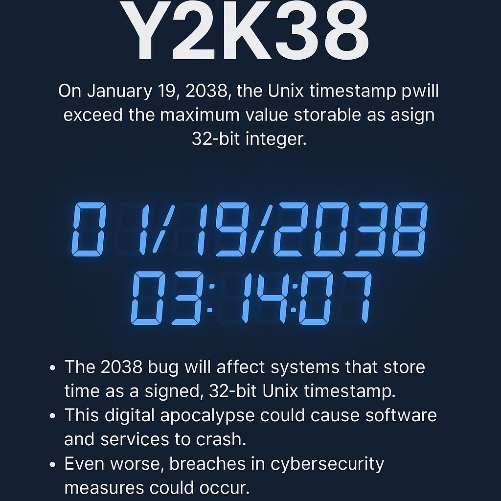 GAL2_Tech's tweet photo. ⚠️ Y2K38 = The next digital time bomb.
On Jan 19, 2038 → 32-bit time runs out. Systems crash. Clocks jump back to 1901.

It’s not sci-fi. Billions of devices still depend on it.

The world needs a new time layer.
That’s why we built GAL-2™ | Fractal Time.
⏳ #DevOps #TimeAPI https://t.co/v3hanSiEFt