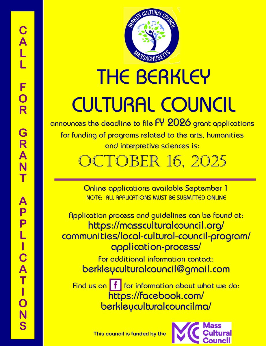 berkleyccma's tweet photo. The application window for the FY 2026 Grant Applications is now open! All applications must be submitted online by Oct 16, 2025. Please reach out if you have any questions. @berkleyccma @masscultural  #moneyforart https://t.co/t9QP0MjgS4