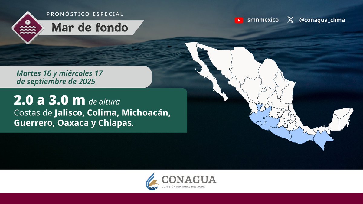 conagua_clima's tweet photo. ⚠️🌊  Se pronostica #MarDeFondo en costas del #Pacífico mexicano, desde #Jalisco hasta #Chiapas, durante este día y hasta el próximo jueves. Toma tus precauciones  ⬇️ https://t.co/6WRVldvhCW