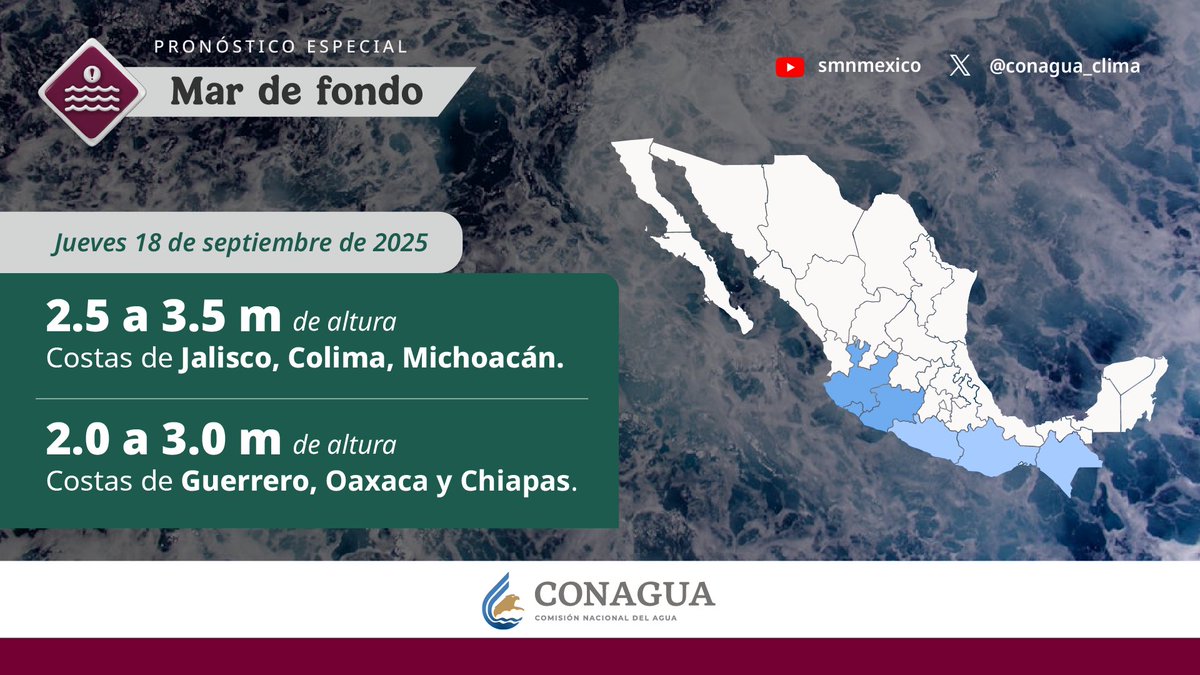 ⚠️🌊  Se pronostica #MarDeFondo en costas del #Pacífico mexicano, desde #Jalisco hasta #Chiapas, durante este día y hasta el próximo jueves. Toma tus precauciones  ⬇️