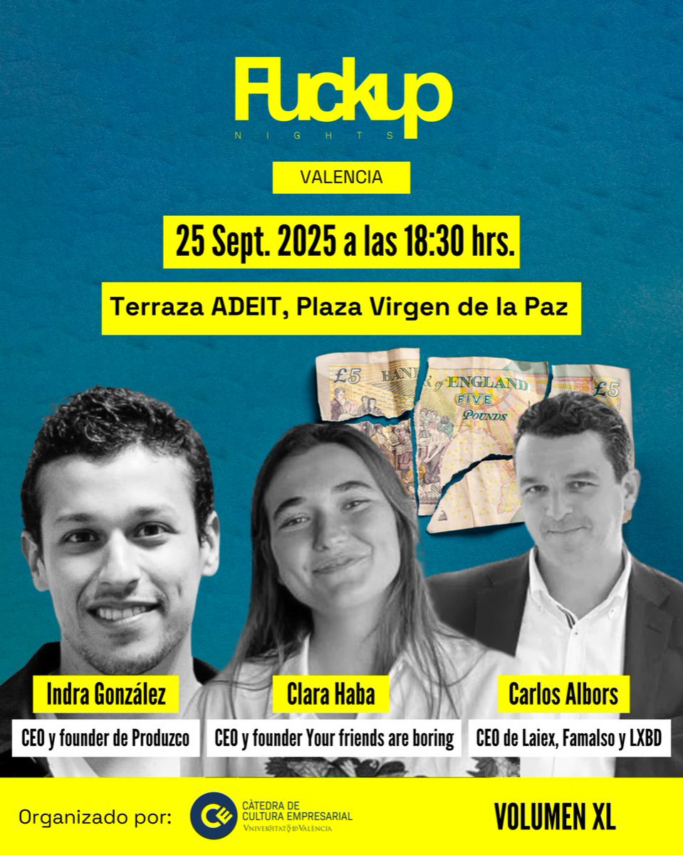 Speakers 🔝 ed. 40 🙌de #FuckupnightsVLC
➡️Indra González. CEO y cofounder Produzco
➡️Clara Haba. CEO y cofounder Your friends are boring
➡️Carlos Albors. CEO de Laiex, Famalso y LXBD

📅25/09. 18:30h
bit.ly/funvlc40

@catedraCe <a href="/kvirrueta/">Karina Virrueta</a>
#fracasos #errores #aprendizajes