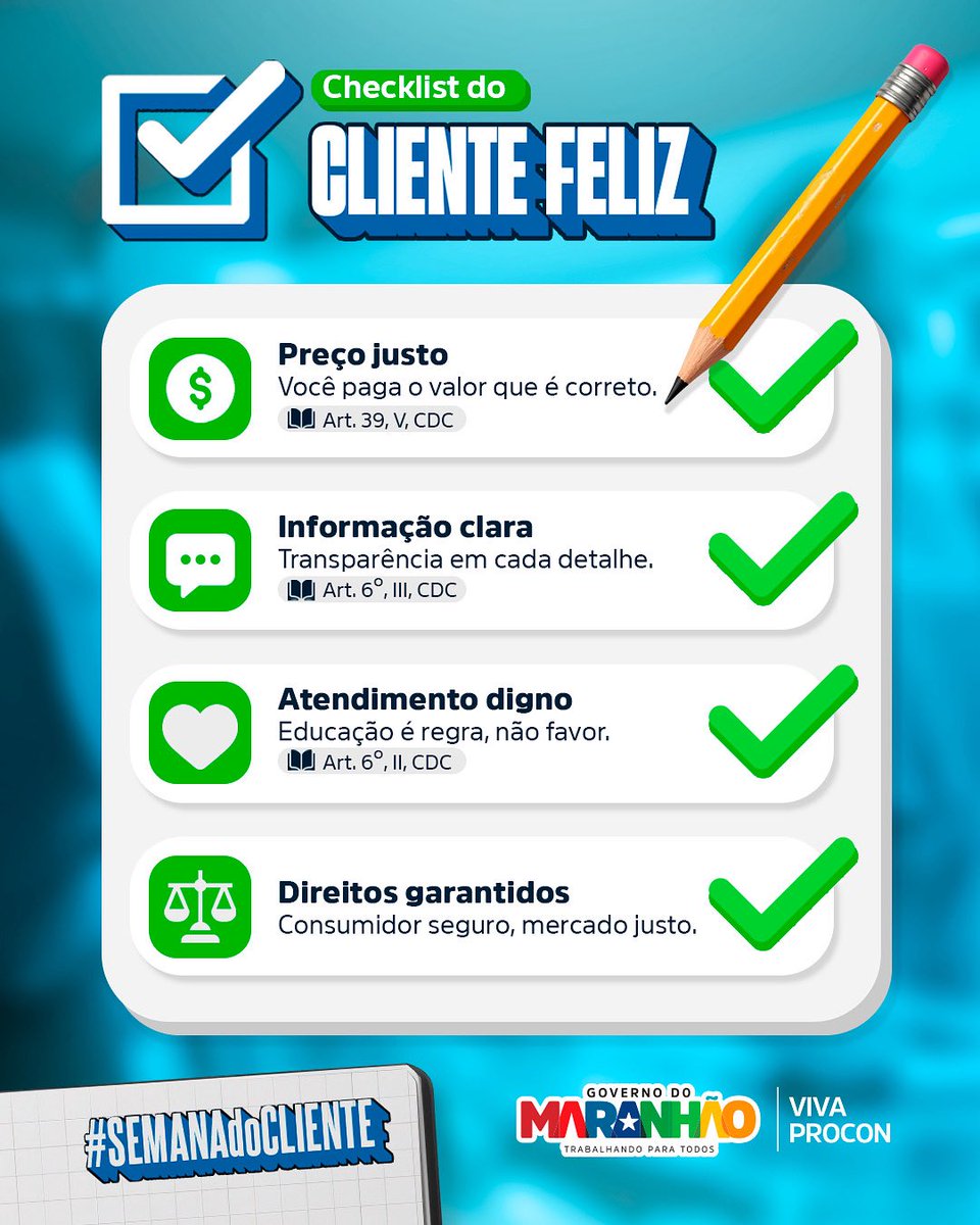 Comprar bem é comprar com informação! Se liga no checklist e não abra mão dos seus direitos. 💡🛍

#PROCONMA #DireitosDoConsumidor #GovernoMA #SemanaDoCliente