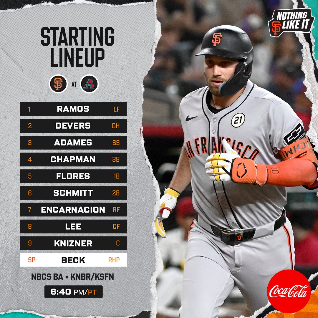 Game 151 ⬇️ 

⌚️: 6:40 p.m. PT
📍: Phoenix, AZ
📺: <a href="/NBCSGiants/">SF Giants on NBCS</a> 
📻: <a href="/KNBR/">KNBR</a> | KSFN

#SFGiants | <a href="/CocaCola/">Coca-Cola</a>