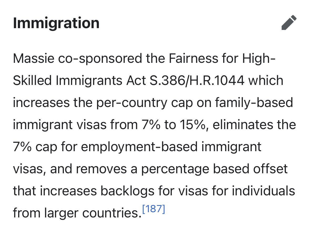 Anarseldain's tweet image. Massie is NOT principled. Here are some of his “principles:”

- Cosponsoring an immigration bill drafted by Kamala Harris and @BasedMikeLee to DOUBLE family visas and remove ALL country caps from employment visas.

- Raising the debt ceiling by $4.7T under Biden (but not $5T…
