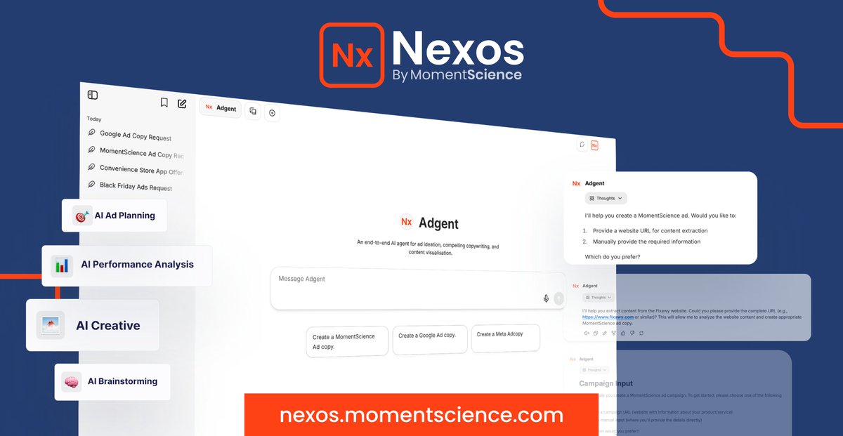 MomentScience_'s tweet photo. Campaign creation just got a major upgrade.

Introducing NexosChat by MomentScience, an AI-powered tool that helps brands build ads in minutes and keep messaging consistent across every platform.

Now live in beta: https://t.co/J0wj8qjBLI https://t.co/qf5qrJb37S