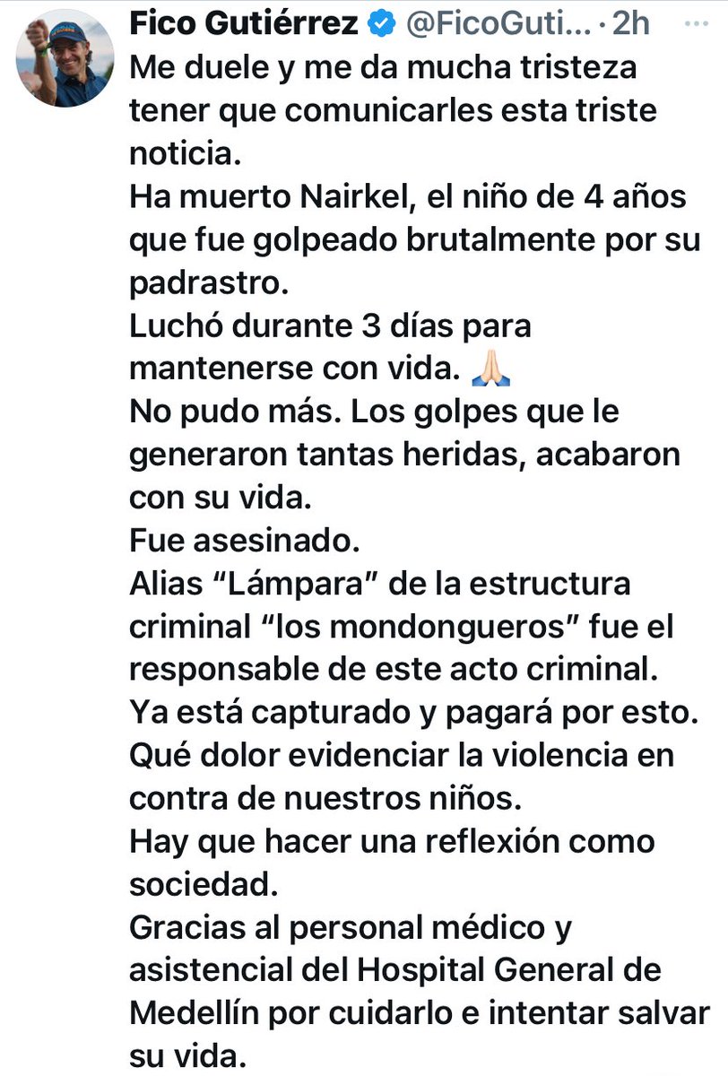 🚨URGENTE🚨Duele todo👼🏻💔
Murió Nairkel, el bebé de 4 añitos que luchaba por su vida en una UCI, tras el brutal maltrato que le causó su padrastro.

¡LO ASESINARON A GOLPES!
En Colombia, el país donde se volvió casi normal contar que matan niños. ¡JUSTICIA!

#NairkelUnAngelitoMás
