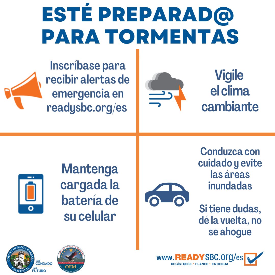 SBCountyOEM's tweet image. 🌧️ Lluvia llegará a todo el condado de Santa Barbara el miércoles por la tarde y continuará hasta el viernes.
📢Manténgase informado de los pronósticos en weather.gov/lox
☔️ Prepárese para la tormenta y regístrese para recibir alertas en ReadySBC.org/es