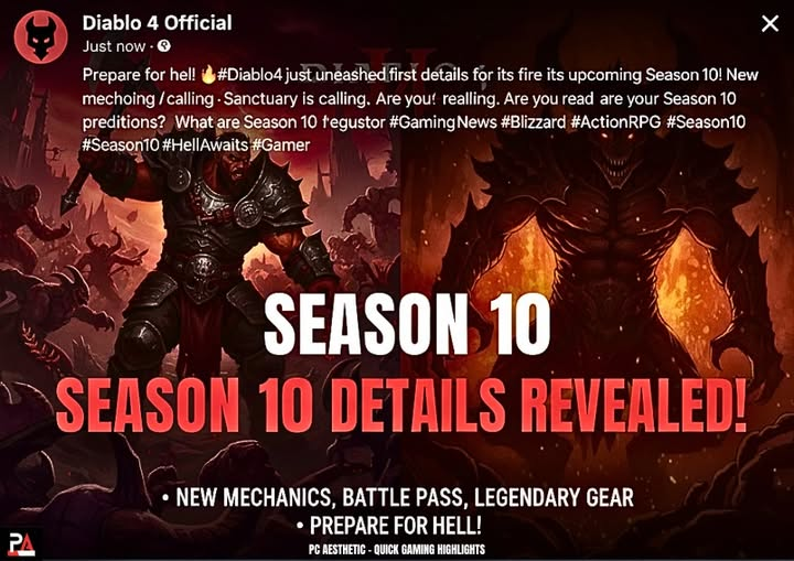 pcaesthetic1's tweet photo. Season 10 of Diablo 4 is on the horizon. Blizzard has revealed the first details on new content, gear, and changes. 

Get ready to face the new challenges in Sanctuary. 😈🔥
#DiabloIV #DIABLO #videogames #GamingCommunity #action #RPG #diablosrojos #twitch #KickStreamer https://t.co/hfybOcALnZ