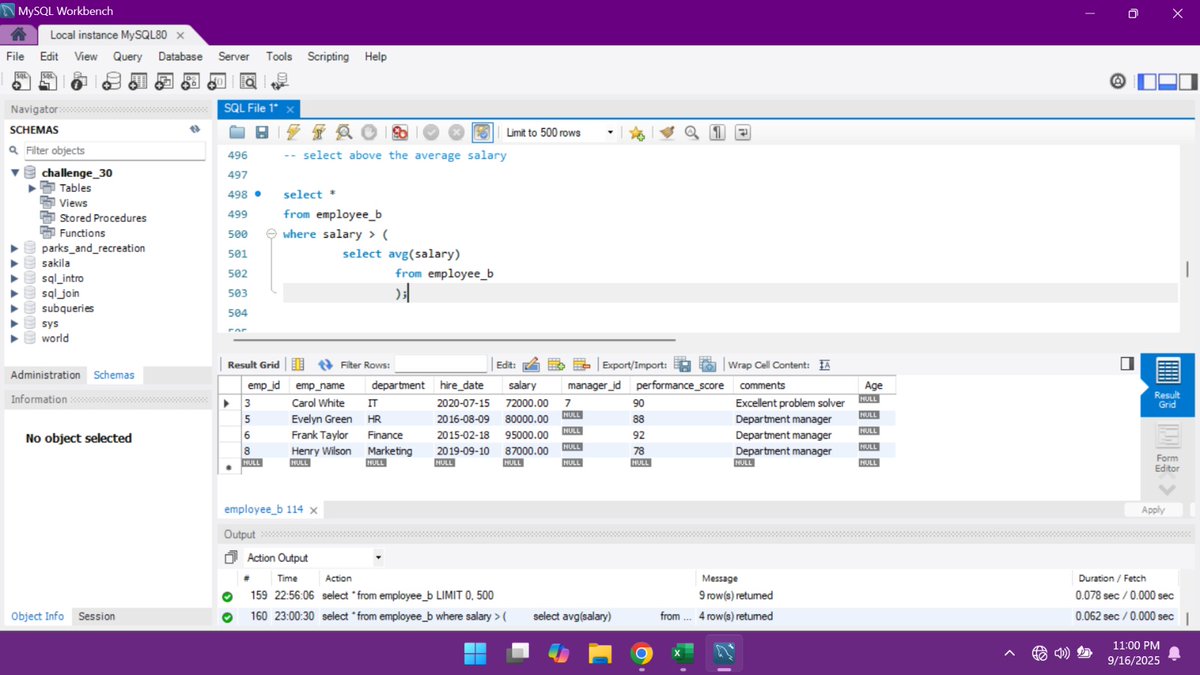 arucole001's tweet image. Day 14 of #30DaysOfSQL
Today I learned Subqueries → queries inside queries.
Think of it as: “Find X, then use X to find Y.”🧵
