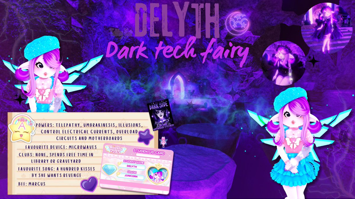 🔮Meet Delyth the Dark tech Fairy!
—— ♡ She is a shy, soft-spoken junicorn🦄 Delyth comes from a family of smart inventors and powerful dark fairies!
After losing her arm in a spell gone wrong, she built herself a prosthetic arm using tech fairy magic! 🦾
#RoyaleHigh #RHTC