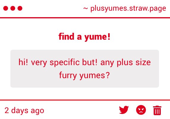 PlusYumes's tweet photo. Find a Yume / /

Any plus sized yumes in the furry community? —🦈 https://t.co/tZo3TtLcQU