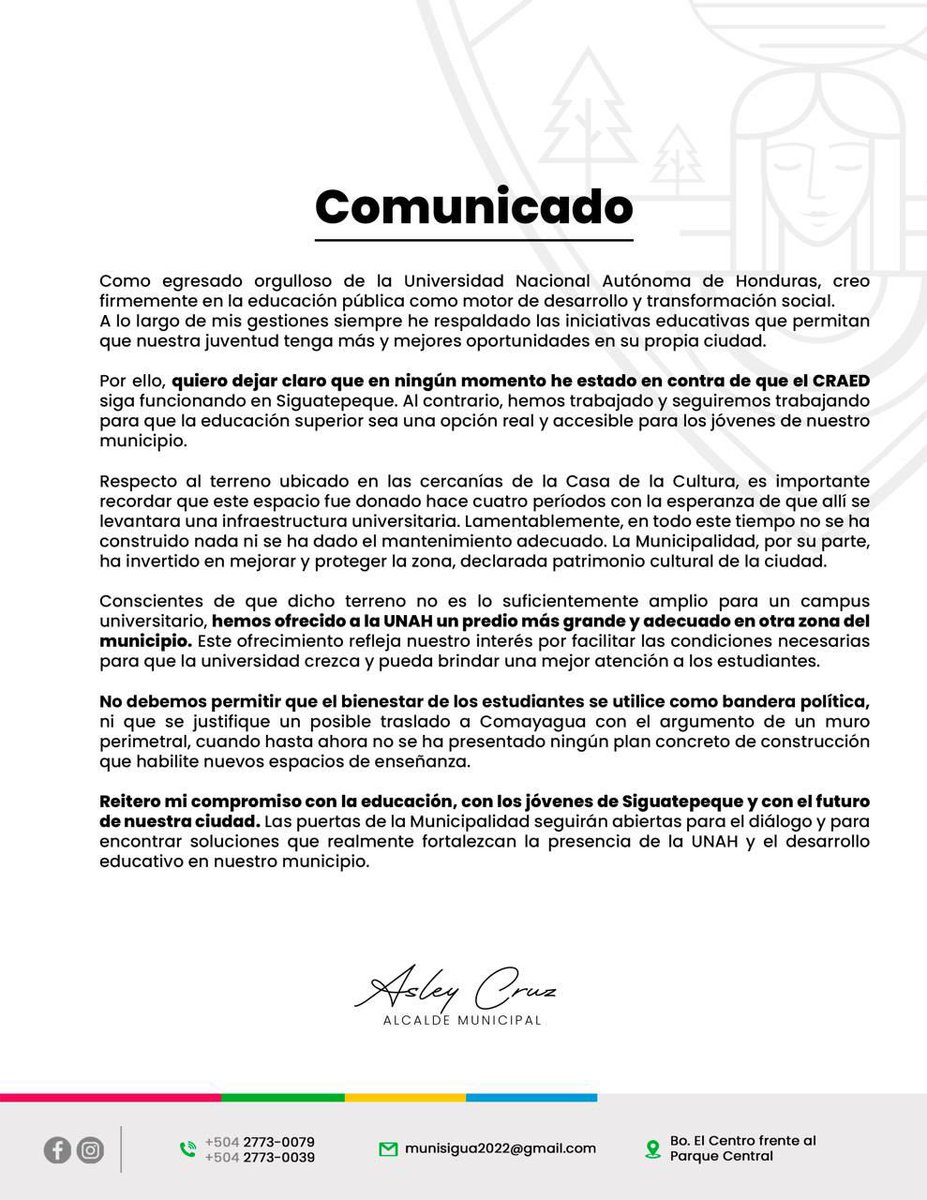 Mi compromiso estará con la educación y la juventud de #Siguatepeque. Nunca hemos estado en contra del #CRAED; al contrario, las puertas de nuestra municipalidad están abiertas para dialogar y que esta siga siendo una opción real y accesible 🤝🏻