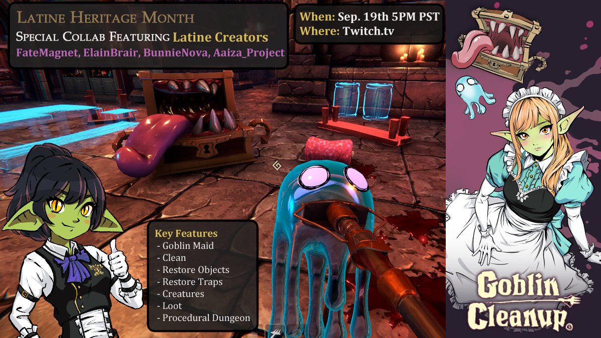 🌟Celebrating #LatineHeritageMonth with friends!🌟

This Friday we’re collabing with 3 Latine creators + playing #GoblinCleanup — an #IndieGame by @/CrisaluGames (Argentina 🇦🇷) &amp; published by @/Team17!

🎁 #giveaway 1 code live on stream + 1 extra code via social #raffle 🎉

To