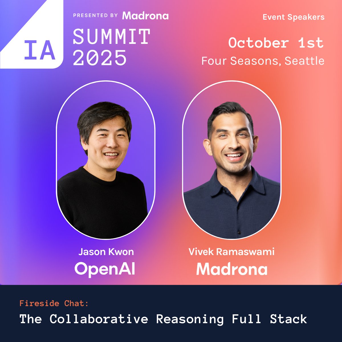 On 10/1 I’ll be sitting down with <a href="/jasonkwon/">Jason Kwon</a> of <a href="/OpenAI/">OpenAI</a> for a fireside chat at Madrona's IA Summit. Strategy, making big bets, and the future of AI - no shortage of topics to discuss. Stay tuned 👀