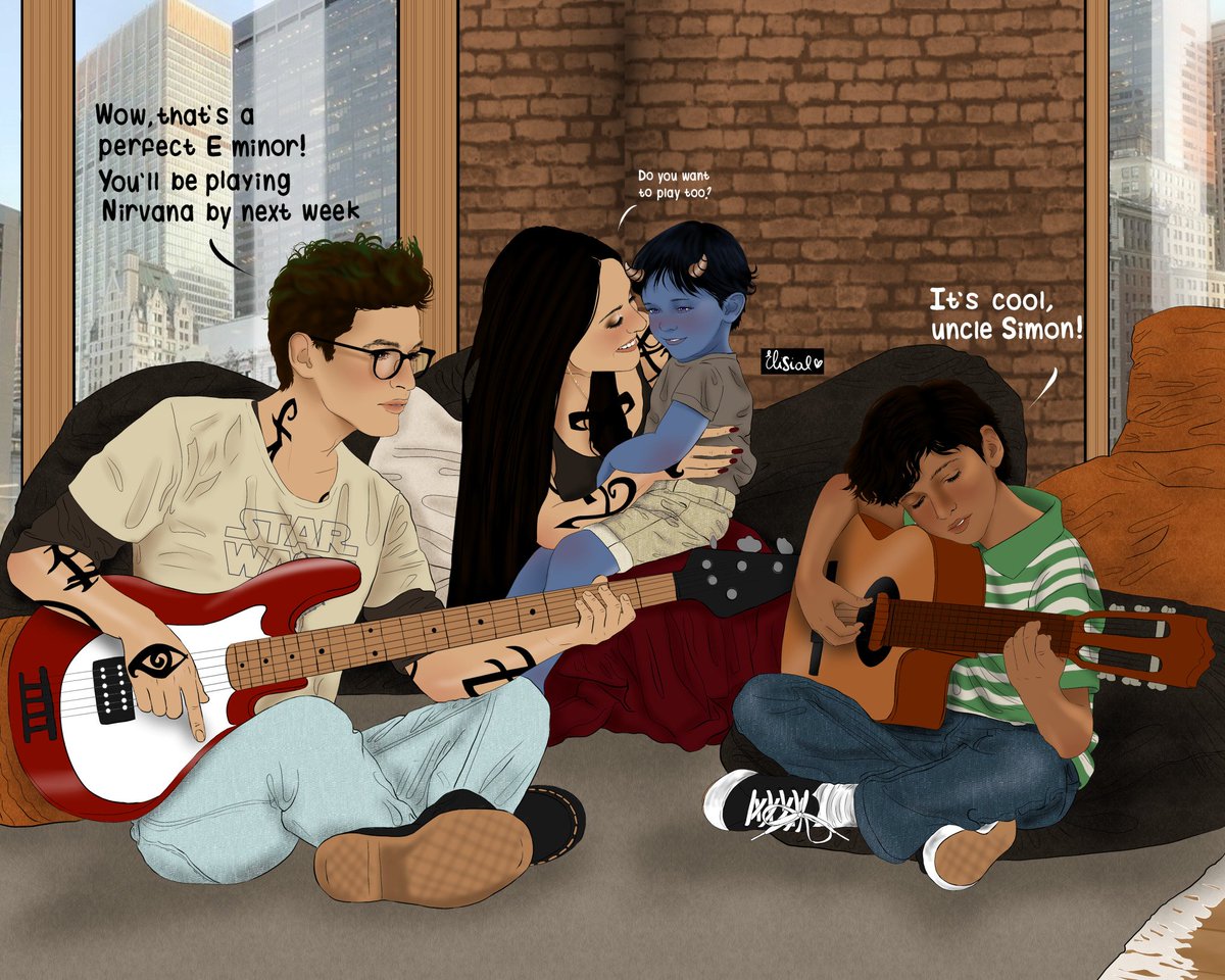 elisial_art's tweet photo. Pt. 2 of Magnus and Alec trying and failing to have husbands quality time 🤭 as promised: Izzy and Simon taking care of the kids. Yes, Simon's hair is still a little bit green, and Rafe definitely won't be able to play Nirvana in a week, but he has talent ;) 
@cassieclare https://t.co/TxhRgLWbYr