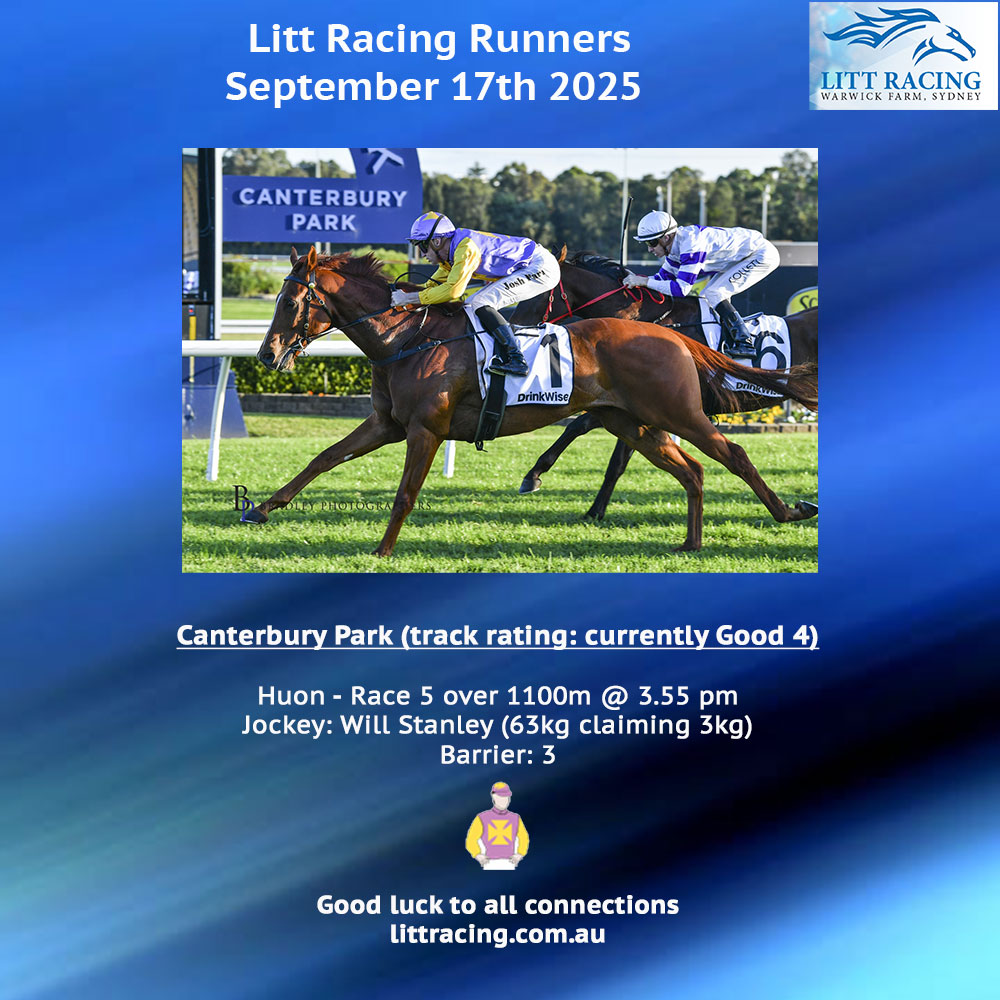 We head to Canterbury Park today with last-start winner HUON, who is second-up over 1100m. Good luck to all connections, jockey Will Stanley, and our big red warrior.