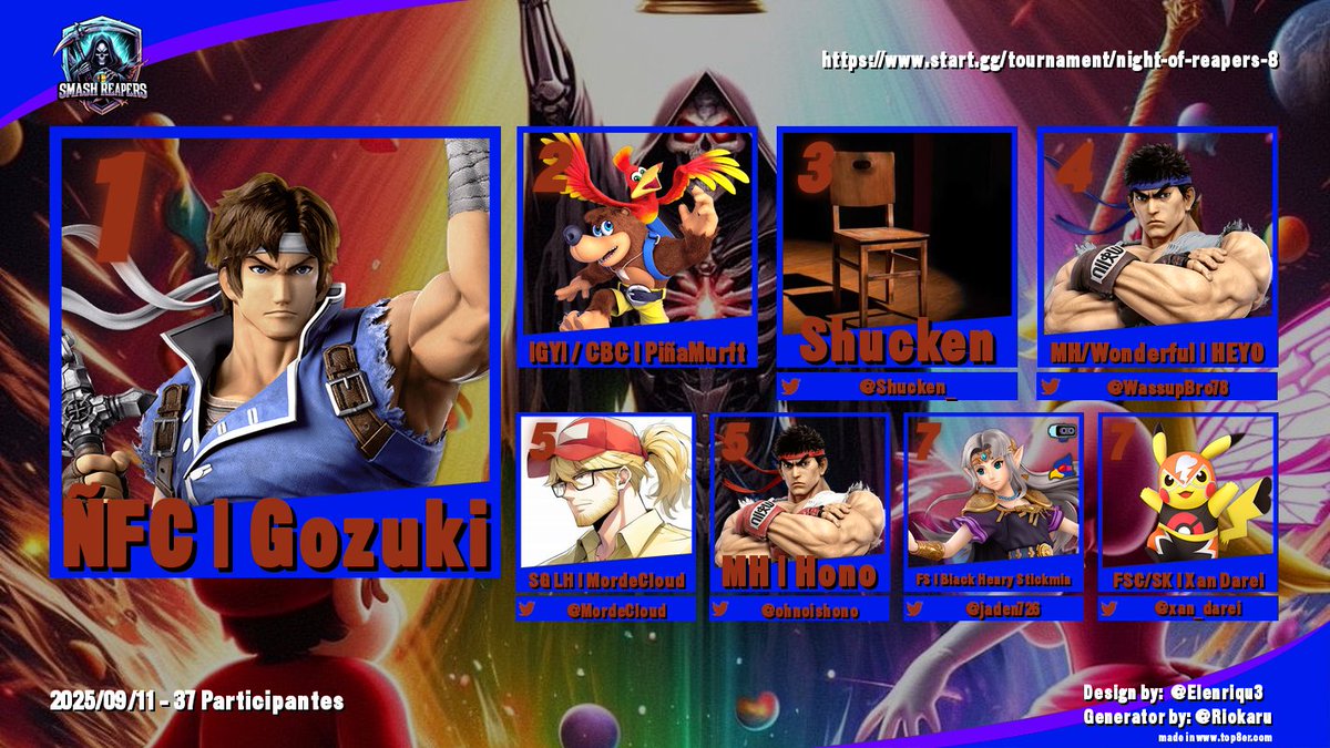 Night of Reapers 8, Top 8
1.- ÑFC | Gozuki
2.- IGYI/CBC | PiñaMurft
3.- <a href="/Shucken_/">Shucken_</a> 
4.- <a href="/1nonlyGefe/">MH/HEYO (Aka Gf) ▪️</a> 
5.- <a href="/MordeCloud/">SG LH | MordeCloud</a> y <a href="/ohnoishono/">Hono/Crowley 炎 |SBP|</a> 
7.- <a href="/Jaden726/">Jelato</a> y <a href="/xan_darei/">Xan Darei</a>