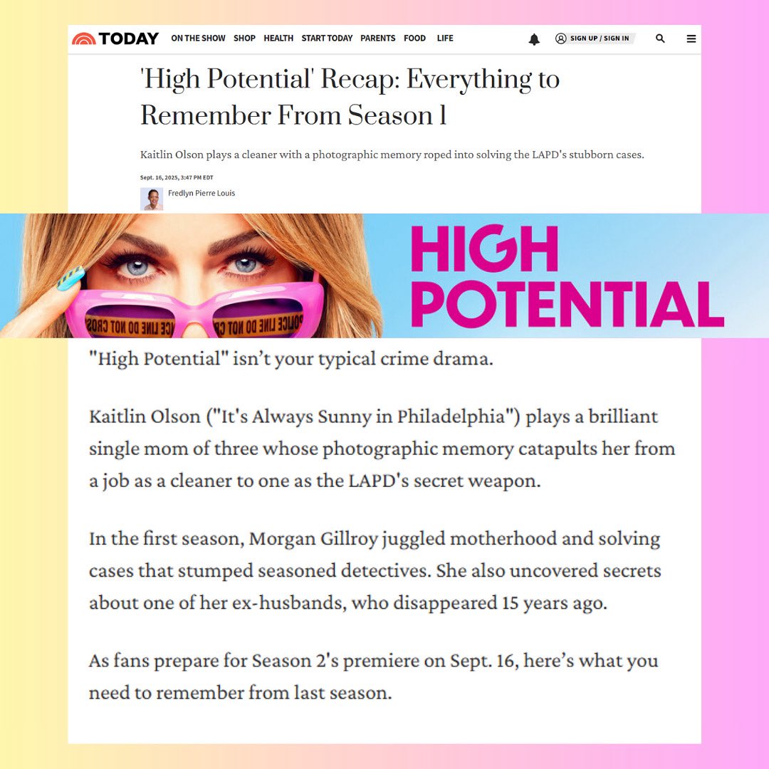 FredlynTV's tweet photo. A single mom with a photographic memory. A missing husband who isn’t so missing. A cop who might be more than a partner. And a villain who wants to play games. High Potential Season 2 premieres. Catch up on Season 1:
 🔗 https://t.co/CU7oRVJFkw
 #KaitlinOlson #HighPotential #NBC https://t.co/g98vAYJuPT