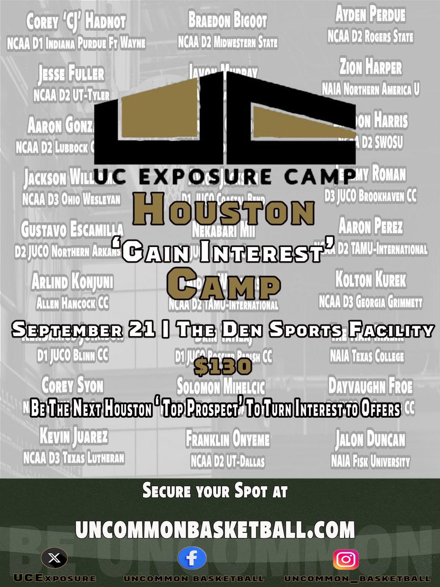 UC_Exposure's tweet photo. Looking forward to another Great Houston Camp at the Den In Cypress! New Location-Same Goal Discover College Talent & Target FITS Heading Into the HS Season #UCExposure #Striveforthe9 #GainKnowledge #GainInterest #TheUncommonApproach @GHAHoops @CThaProphet24 @4YFilms @RcsSports https://t.co/6wMrpB1iAt