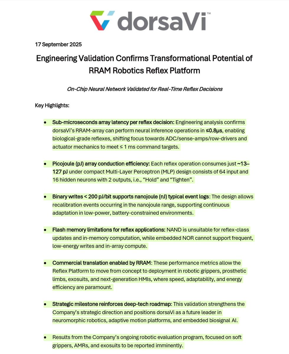 YellowStripeASX's tweet image. $DVL
#ReRAM #Robotics NEWS

BILLION $$$ COMPANY IN MAKING IMO👇💥

⏩ $DVL achieves a MAJOR TECHNICAL MILESTONE, with the successful engineering validation of its #RRAM-powered Reflex Platform, confirming its POTENTIAL TO DELIVER BIOLOGICAL-GRADE REFLEXES at UNPRECEDENTED SPEED &amp;amp;…