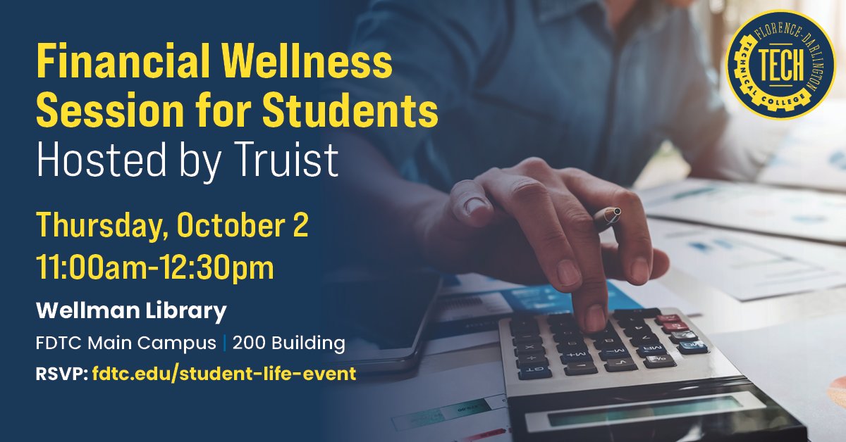 FloDar_Tech's tweet image. FDTC will offer a virtual Financial Wellness Workshop for students this fall. Topics include, Why Financial Wellness Matters, Banking Basics 101, and Budgeting for Students. The workshop is free and presented by TRUIST. 
Please register here: fdtc.edu/student-life-e…
#FDTech