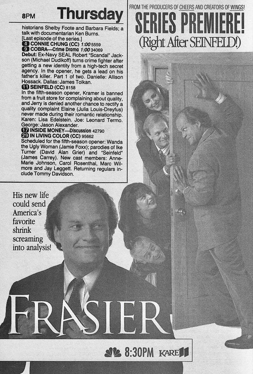RetroNewsNow's tweet photo. ‘This is Dr. Frasier Crane. I’m listening!’

📺 DEBUT: 'Frasier' starring Kelsey Grammer premiered 32 years ago, September 16, 1993, on NBC https://t.co/YwYbND0DHZ